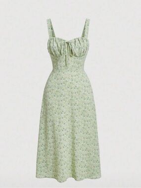 SHEIN Mint Green Floral Tie-Front Midi Dress